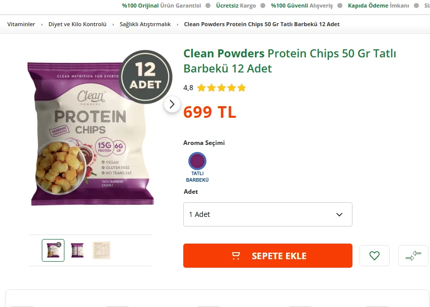 CLEAN POWDERS PROTEIN CHIPS 50 GR TATLI BARBEKÜ 12 ADET