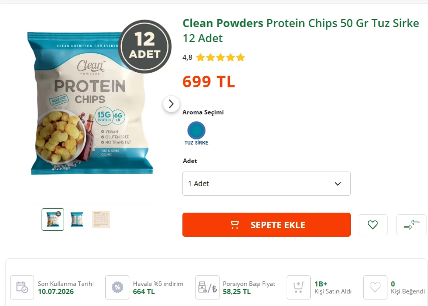 CLEAN POWDERS PROTEIN CHIPS 50 GR TUZ SIRKE 12 ADET