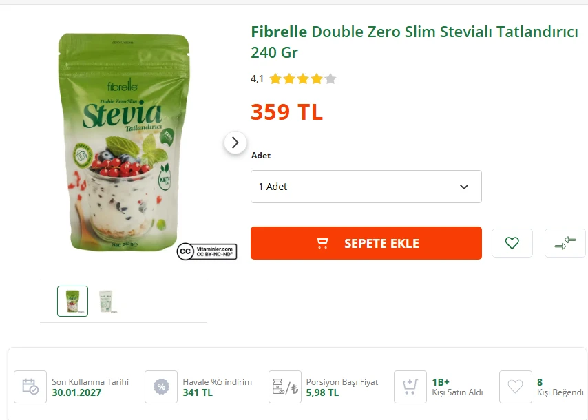 FIBRELLE DOUBLE ZERO SLIM STEVIALI TATLANDIRICI 240 GR