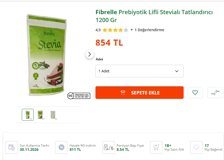 FIBRELLE PREBIYOTIK LIFLI STEVIALI TATLANDIRICI 1200 GR