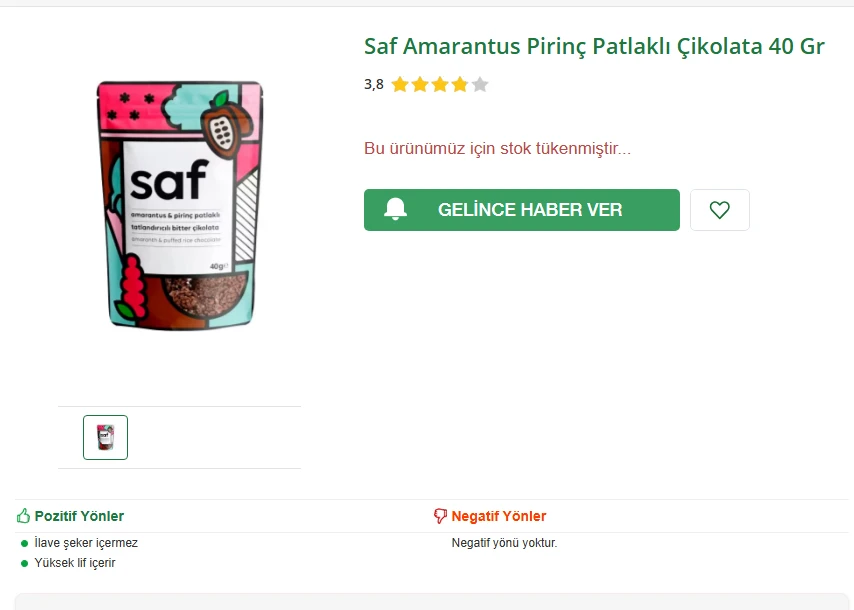 SAF AMARANTUS PIRINÇ PATLAKLI ÇIKOLATA 40 GR