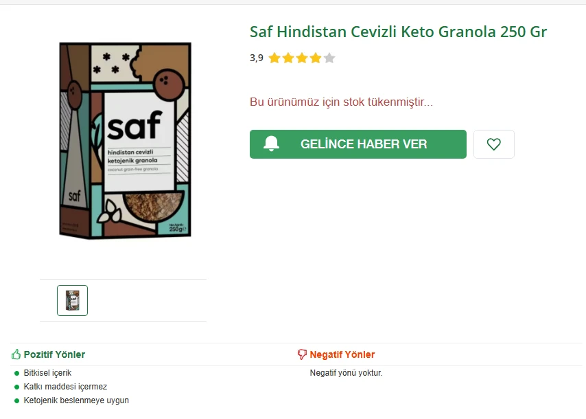 SAF HINDISTAN CEVIZLI KETO GRANOLA 250 GR