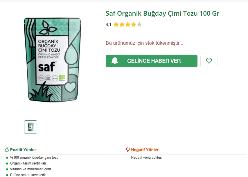 SAF ORGANIK BUĞDAY ÇIMI TOZU 100 GR