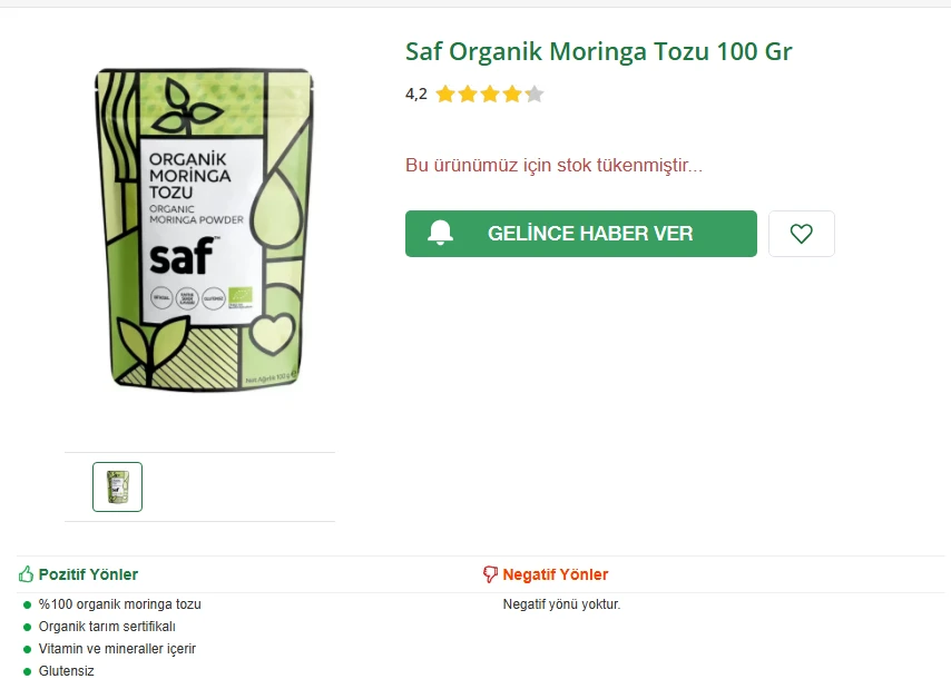 SAF ORGANIK MORINGA TOZU 100 GR